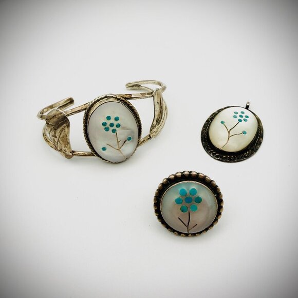 Jewelry - Vintage Sterling Silver (Cuff + Ring + Pendant) Set – Lot of 3